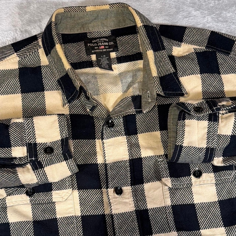 90s Vintage Ralph Lauren Buffalo Plaid Flannel Shirt | Cream & Black | L